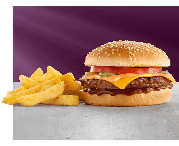 Flame-grilled Cheese Burger with seasoned chips on a purple background