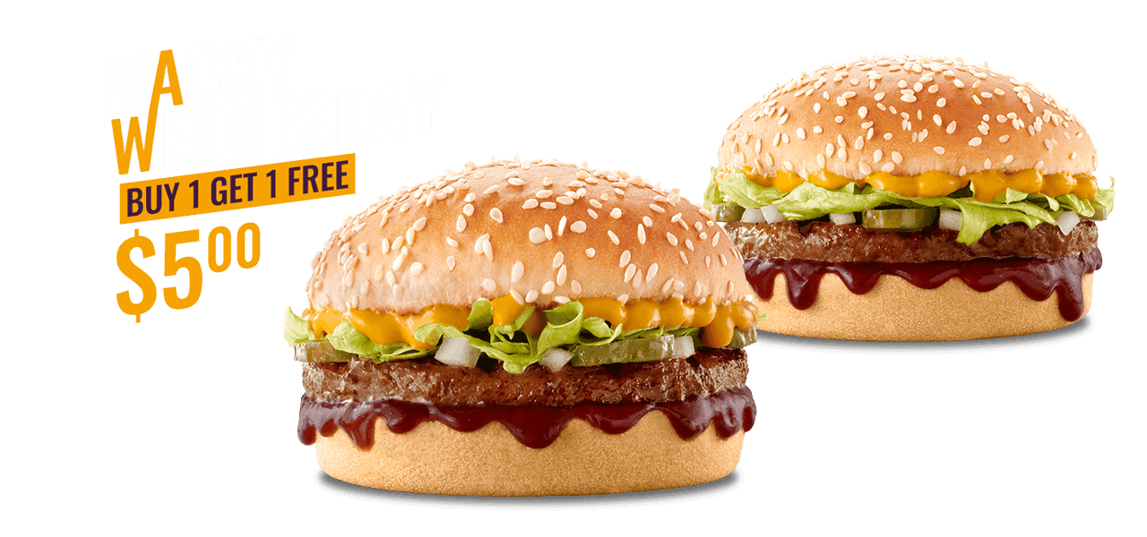 Two burgers on a grey surface against a purple background