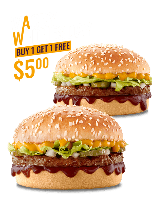 Two burgers on a grey surface against a purple background
