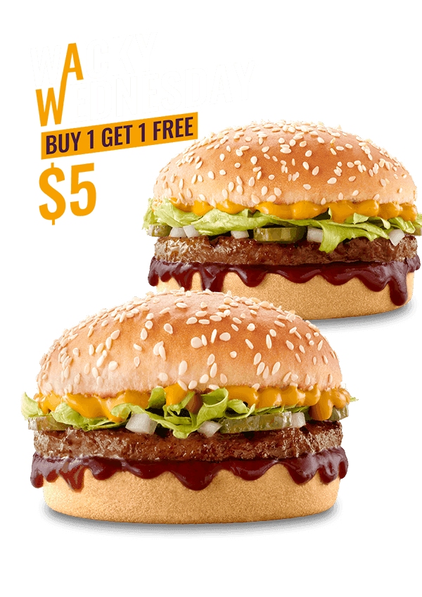 Two burgers on a grey surface against a purple background